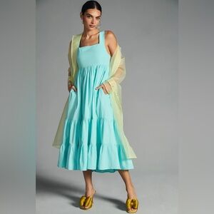 Anthropologie Blue Sleeveless Square Neck Sundress